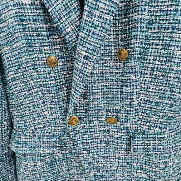 LOFT Blue Tweed Double Breasted Blazer Gold Button Textured Jacket (Est. L) - Picture 3 of 9